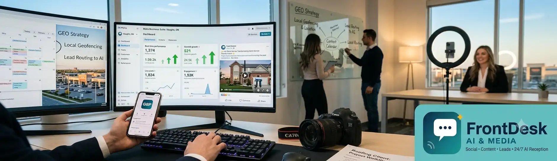 A picture of the FrontDesk AI & Media office where all social media campaigns are developed.